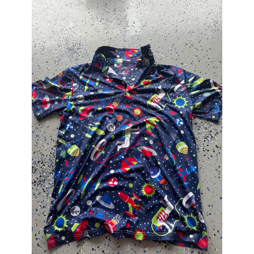 Proud 90 Golf Polo Shirt Space Print Short Sleeve Golf‎ is Fun L
